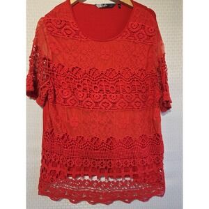 Isle Red Lace Crochet Overlay Short Sleeve Top L 18-20 Elegant Lined Tunic .....